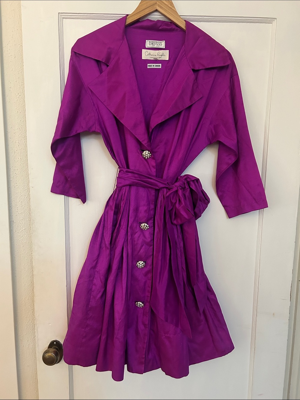 Vintage Bergdorf Goodman Magenta Button-Front Trench Dress with Bow Sash